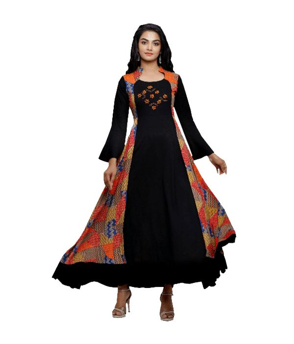 Elegant Black Anarkali with Vibrant Patchwork